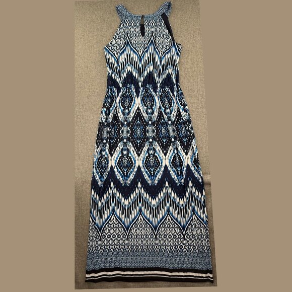 ENFOCUS Studio Maxi Dress Sleeveless Stretchy Size 14 Blue White Scoop Neck - Picture 7 of 9